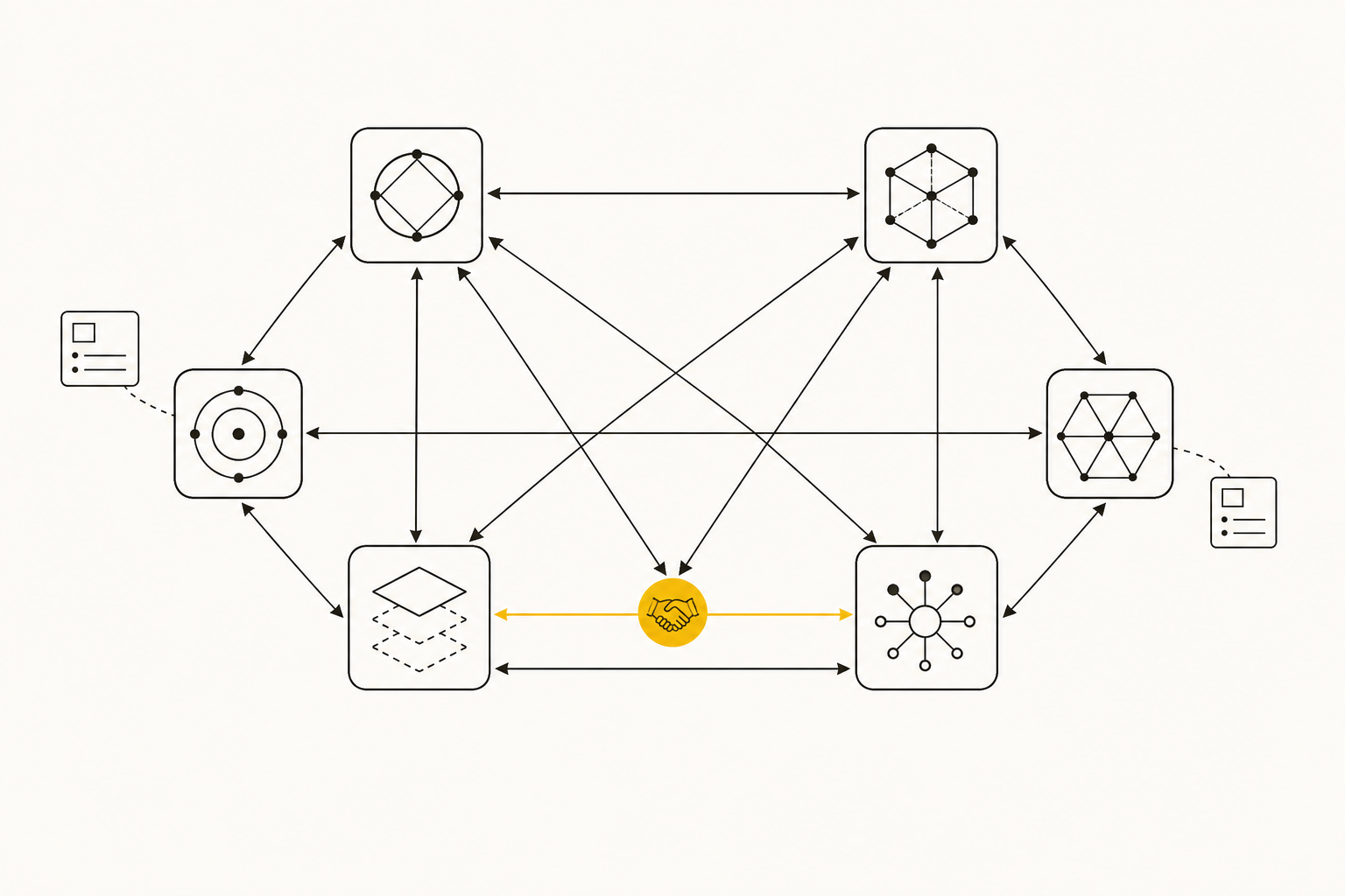 Different AI agents, built on different frameworks, discovering one another and delegating tasks over a shared protocol.
