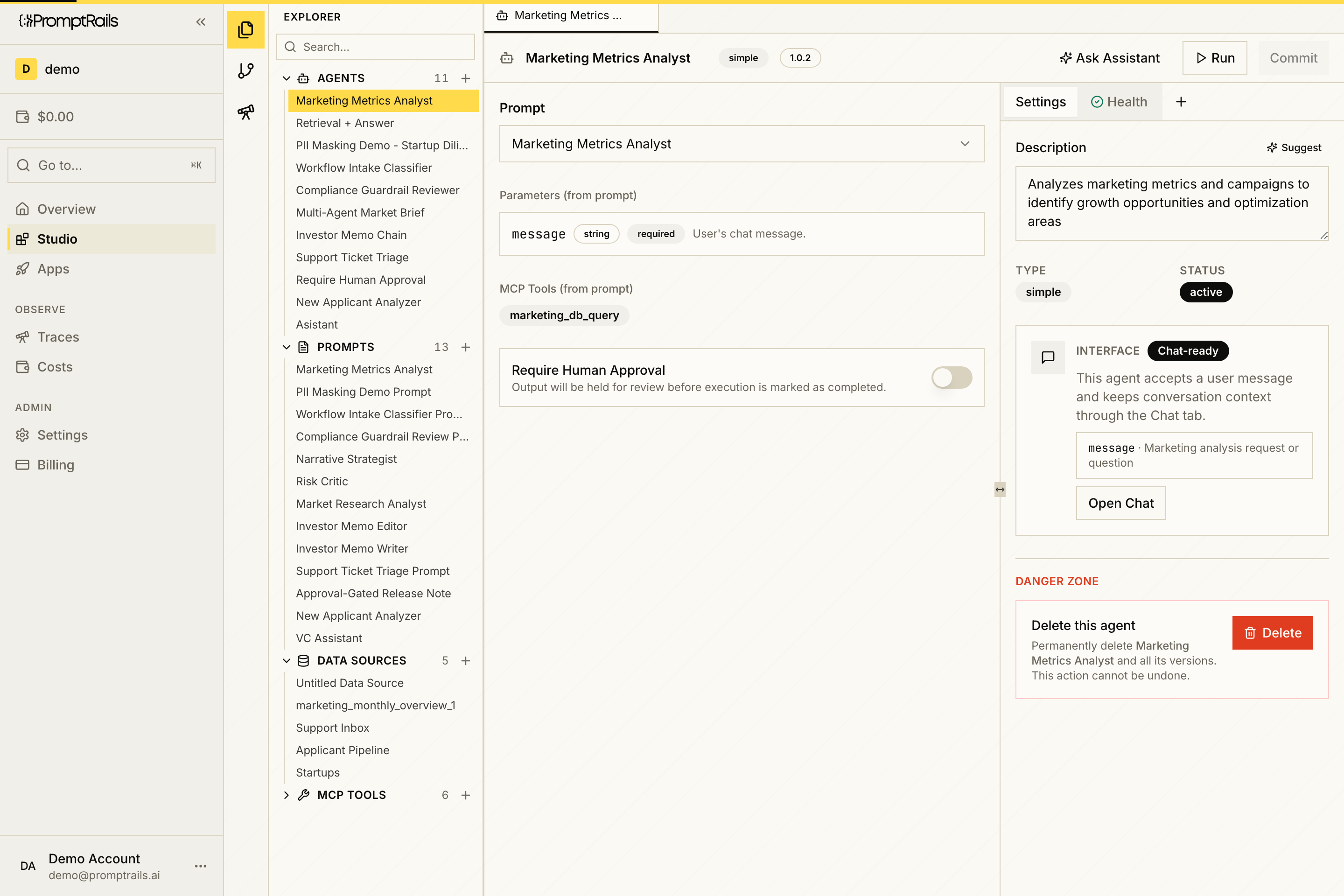 PromptRails Studio showing an agent connected to a prompt, tool, settings, and health checks