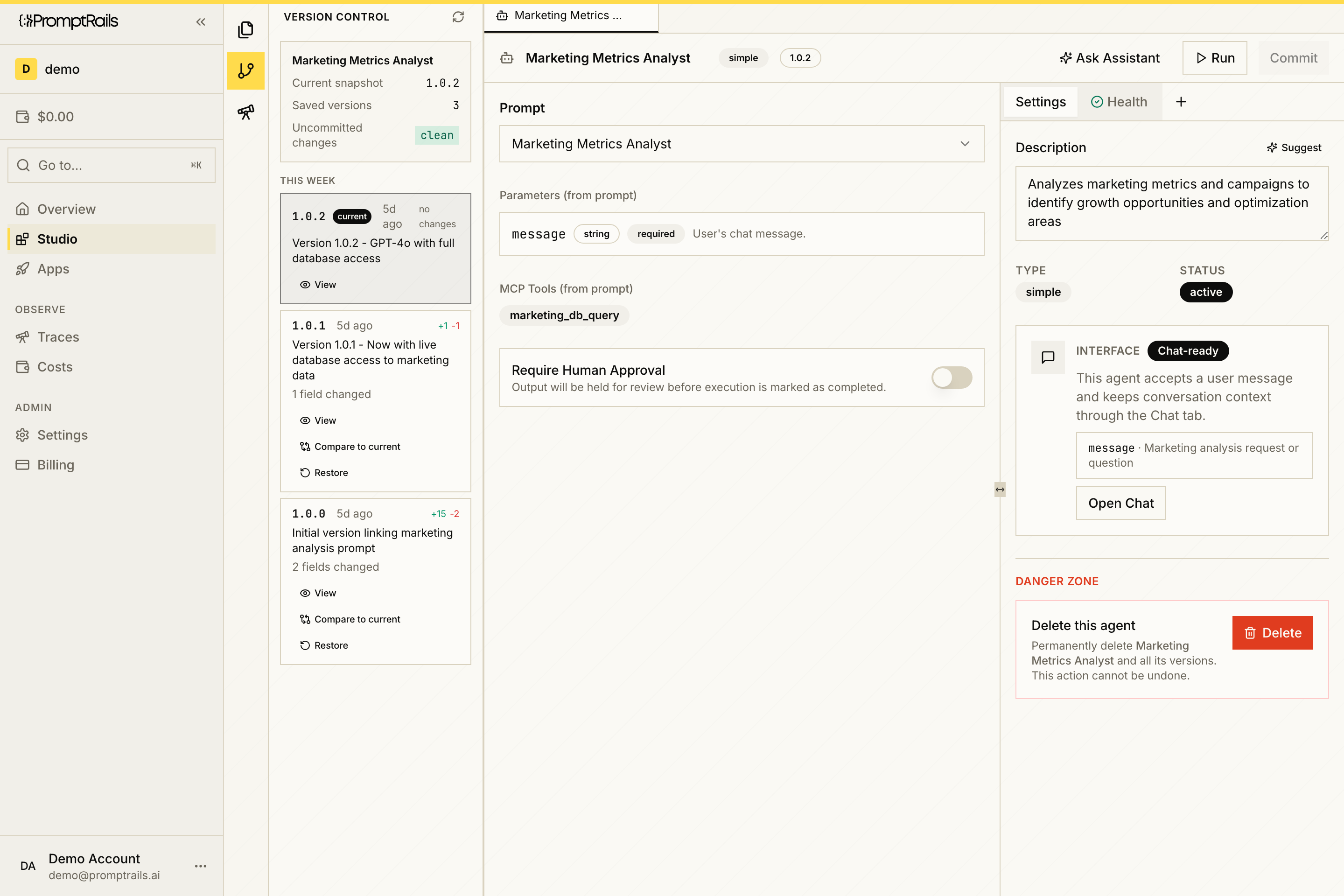 PromptRails Studio showing the agent Version Control panel with saved versions