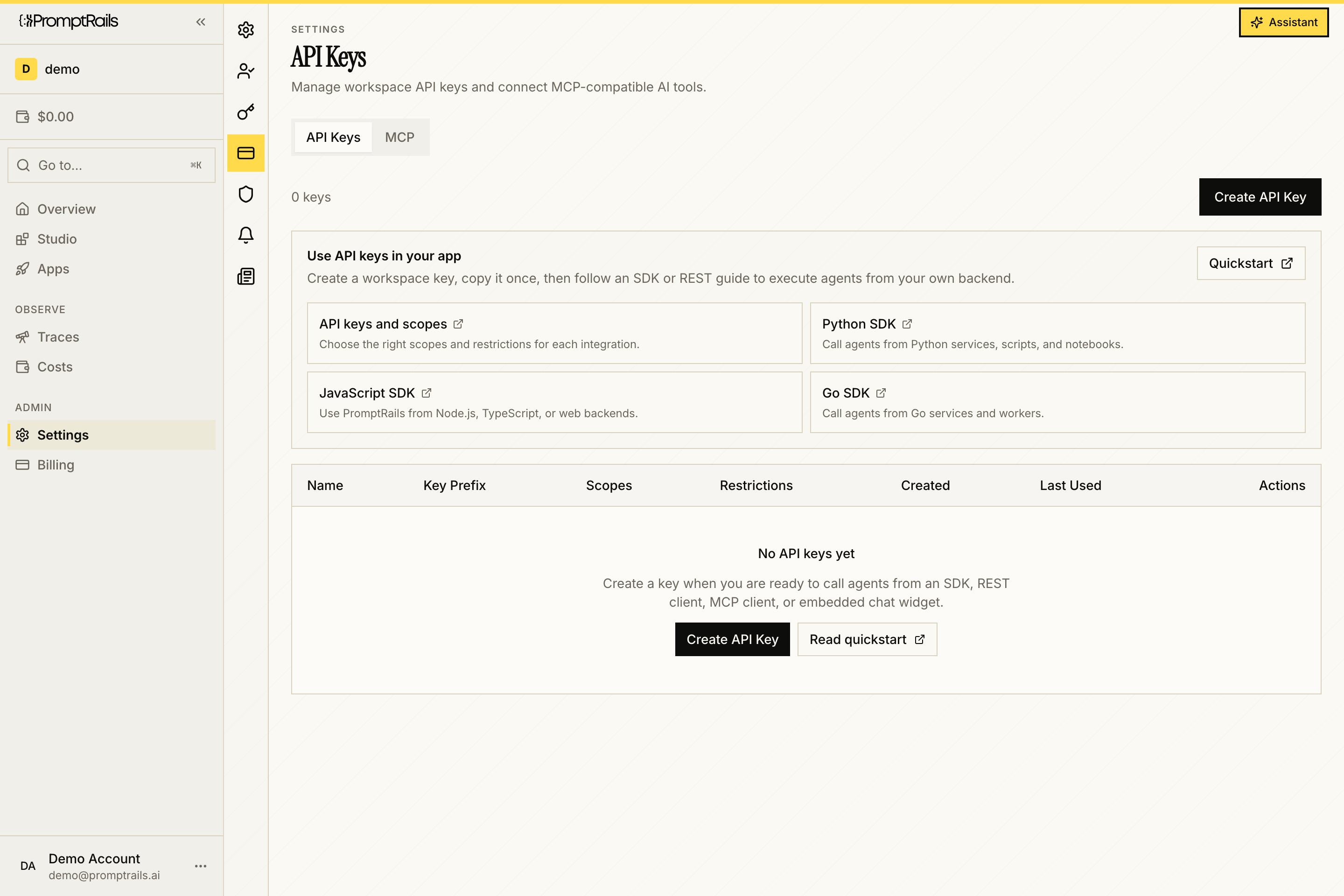 PromptRails API Keys settings showing key list and access controls