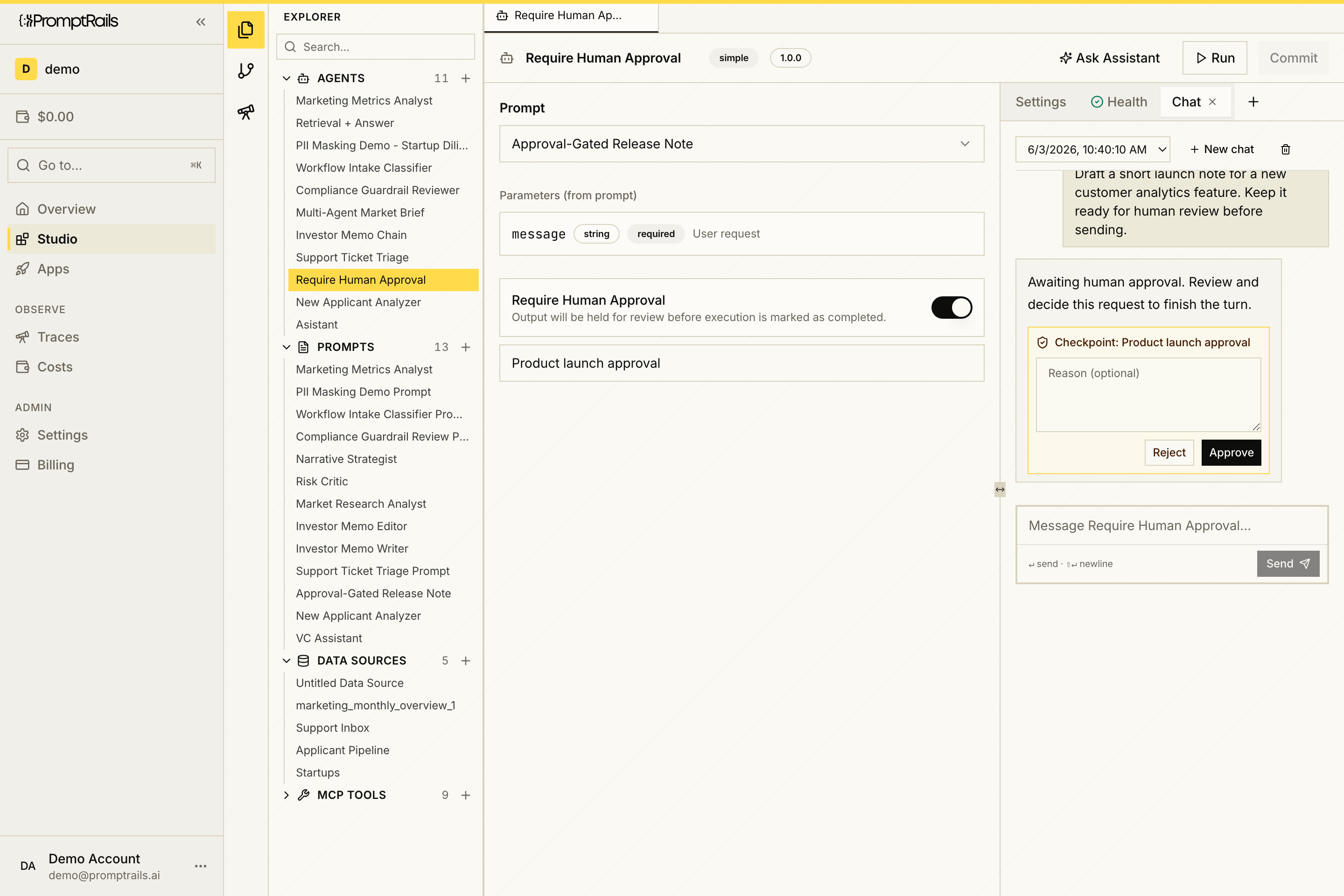 PromptRails Studio showing a chat run paused for human approval with Reject and Approve actions