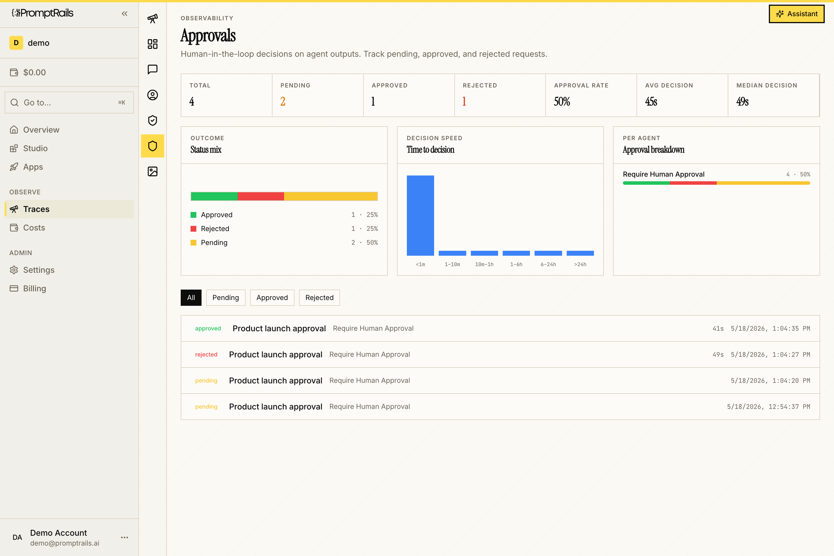 PromptRails Approvals dashboard showing pending, approved, and rejected human review requests