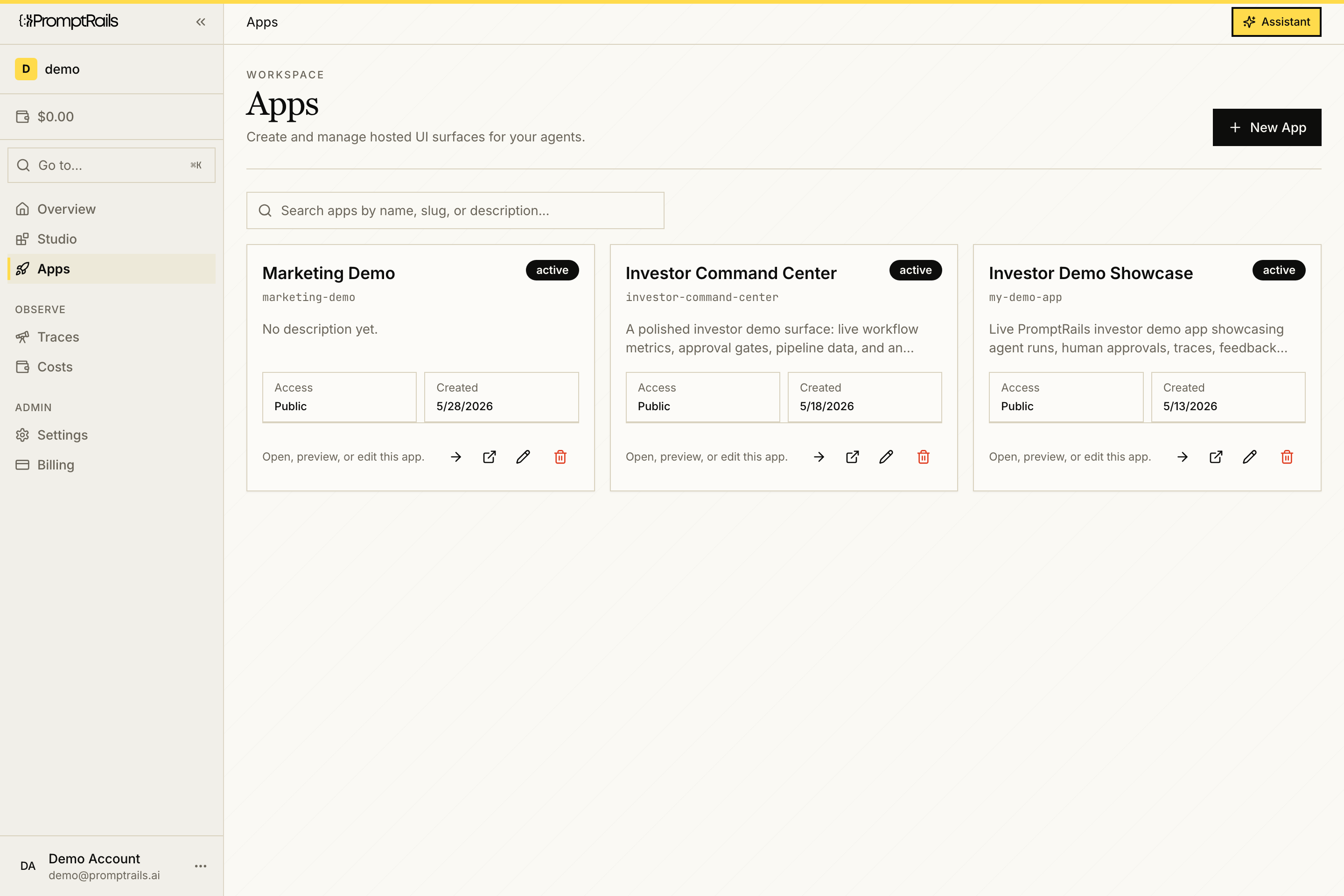 PromptRails Apps list showing hosted UI deployments in a workspace