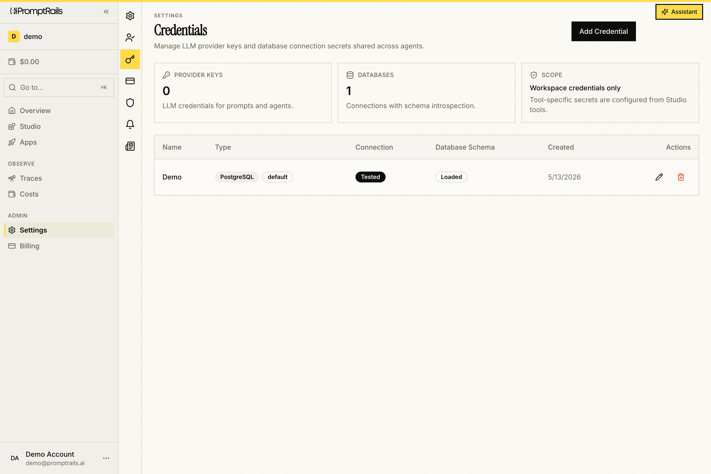 PromptRails Credentials settings showing workspace secrets and provider connections
