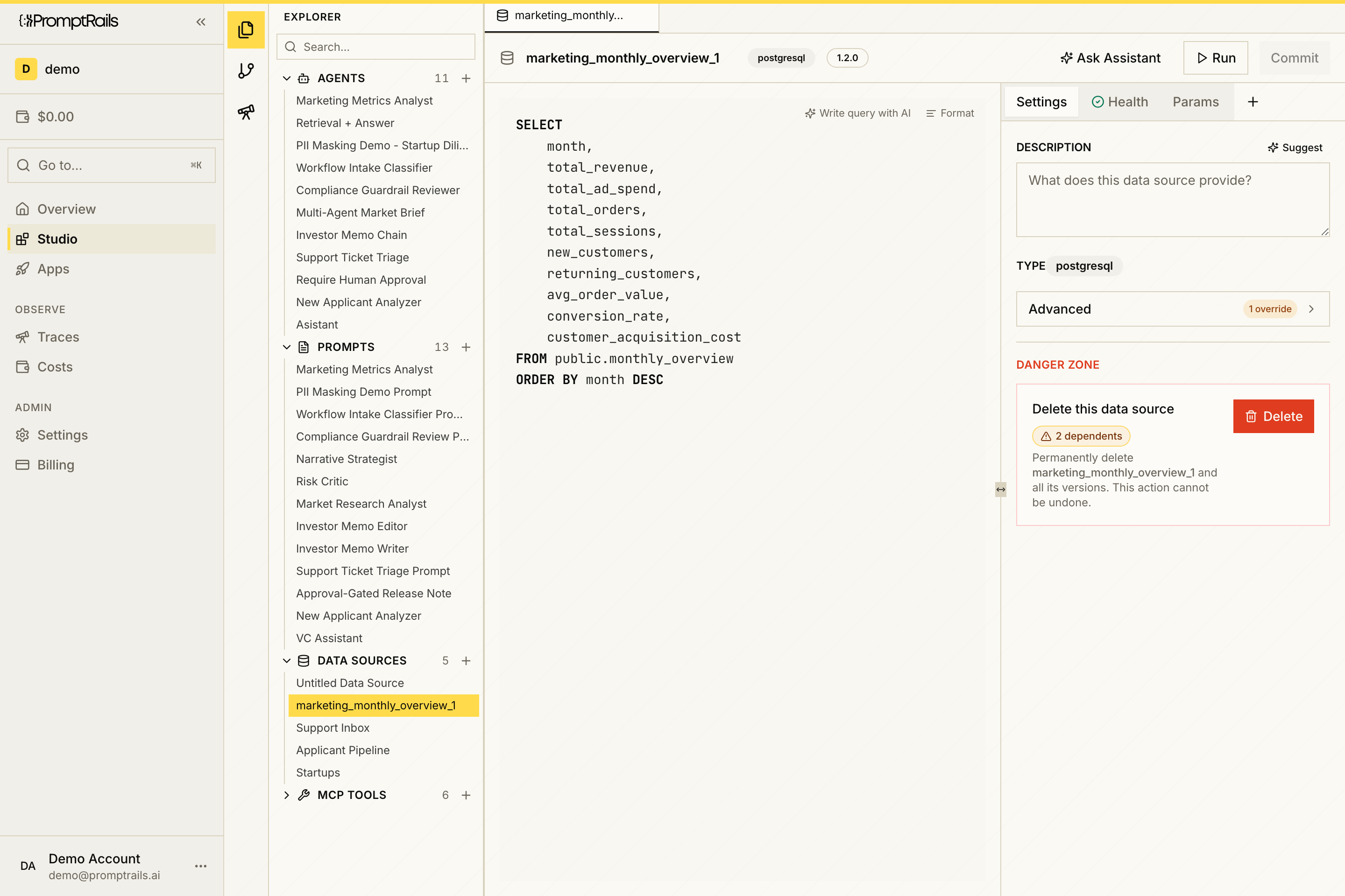 PromptRails Studio showing a data source query template and connection settings