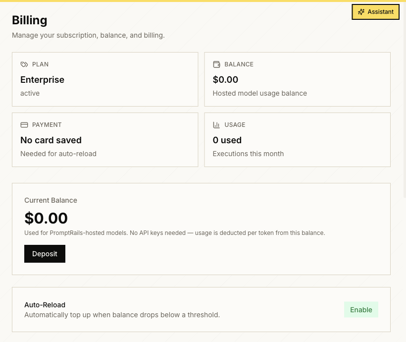 PromptRails Billing balance view for hosted model usage