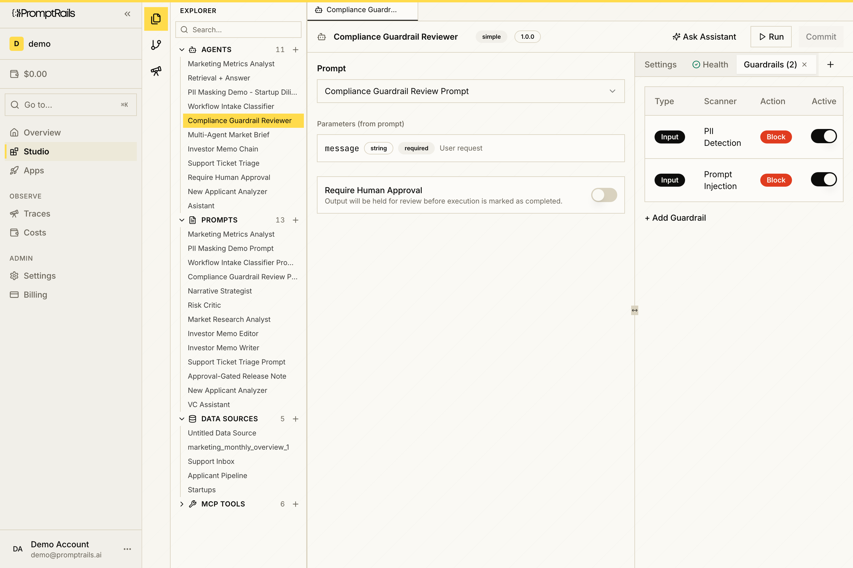 PromptRails Studio showing the Guardrails tab on an agent