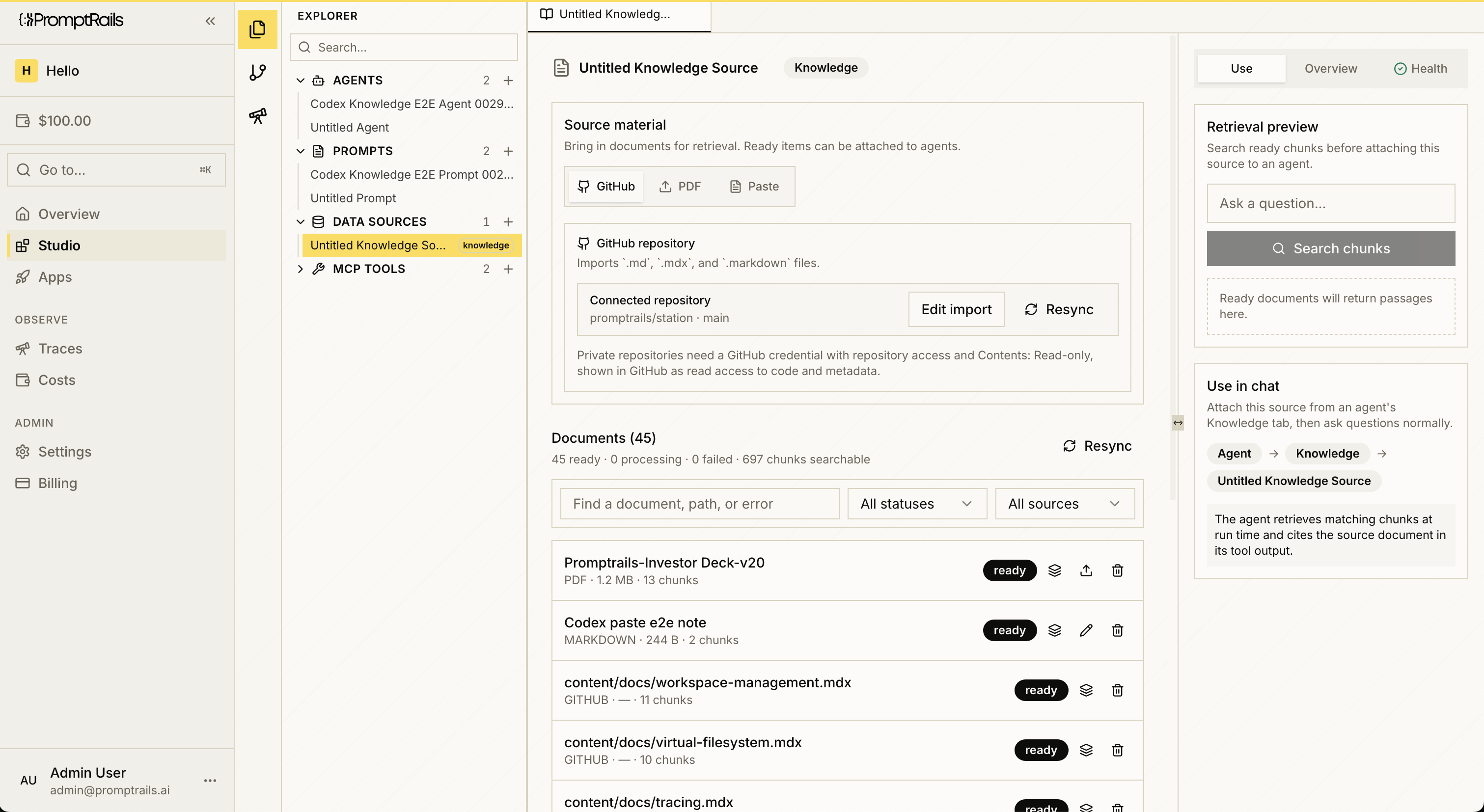 PromptRails Studio showing a knowledge source configured for GitHub Markdown and MDX import