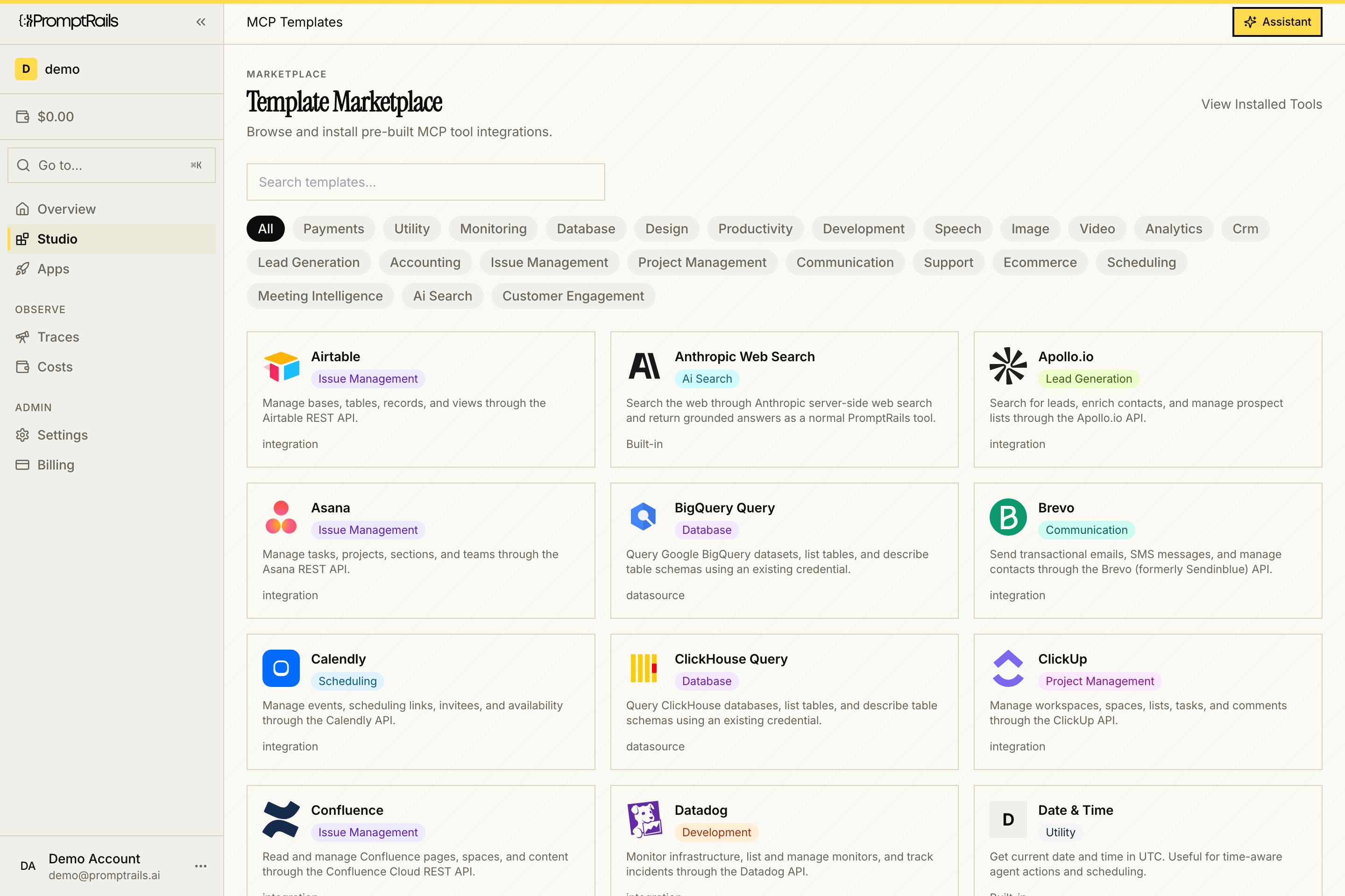 PromptRails MCP Template Marketplace showing available tool templates