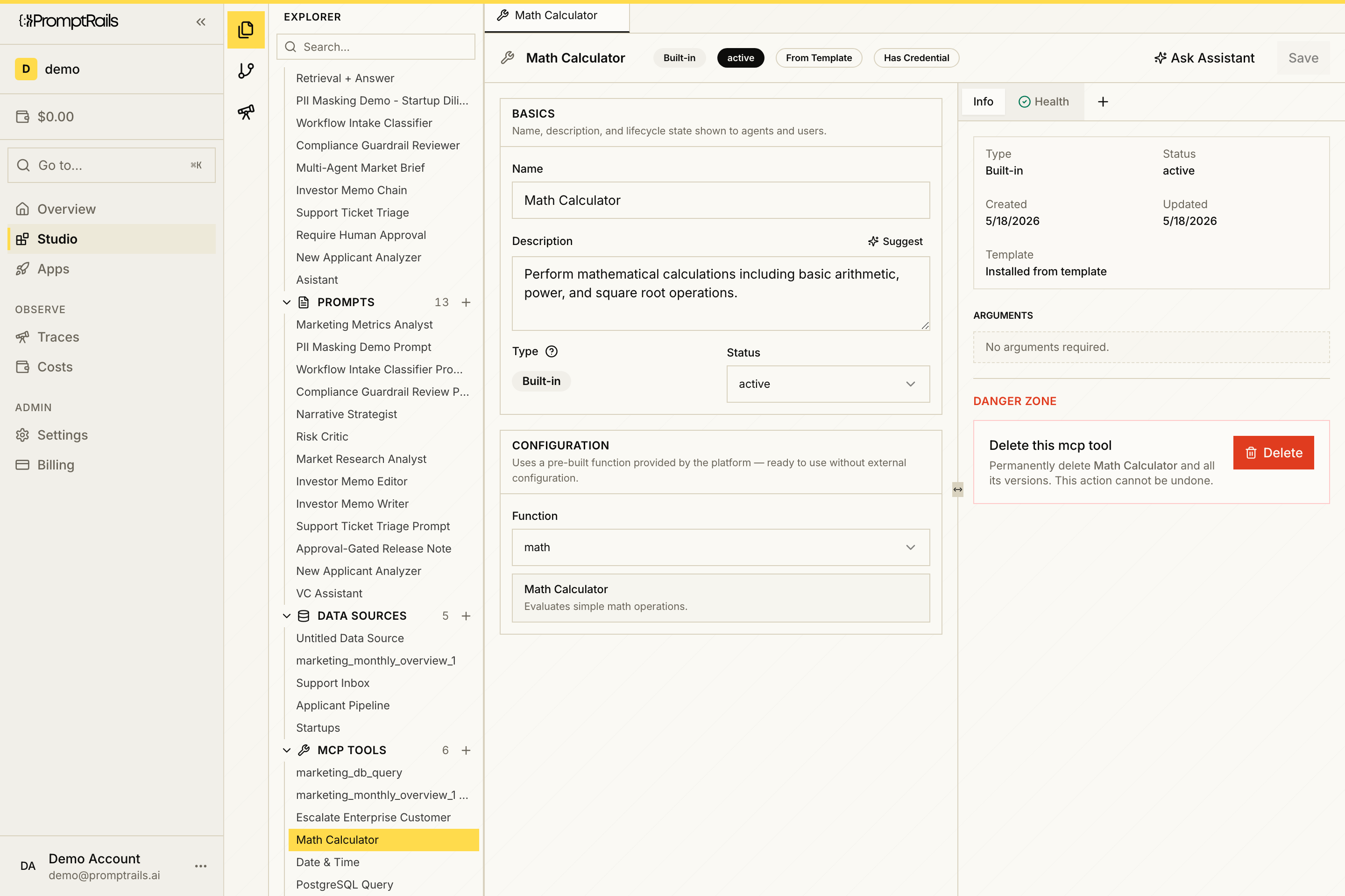 PromptRails Studio showing an MCP tool configuration