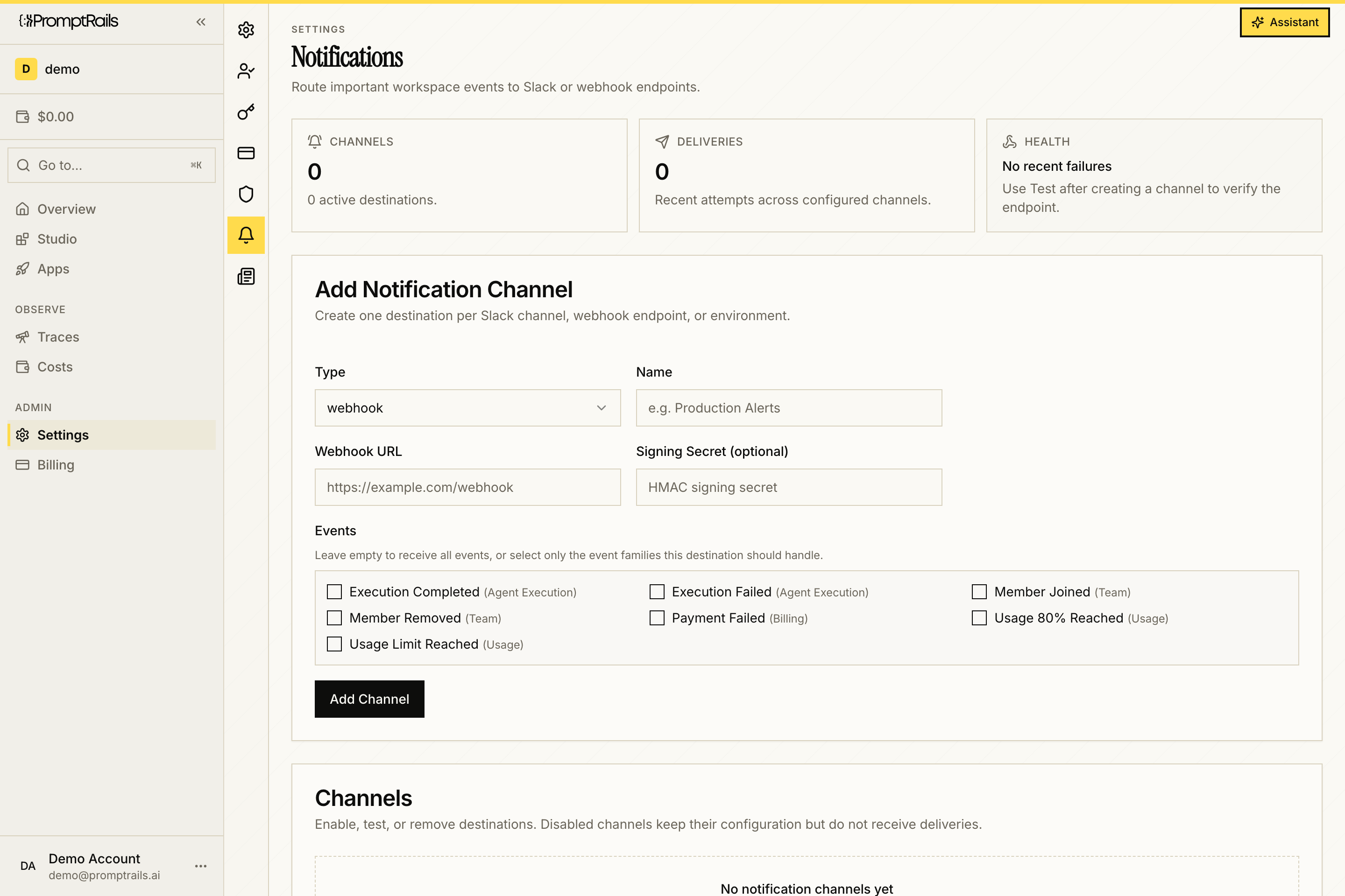 PromptRails notification settings showing webhook configuration, event selection, channels, deliveries, and health