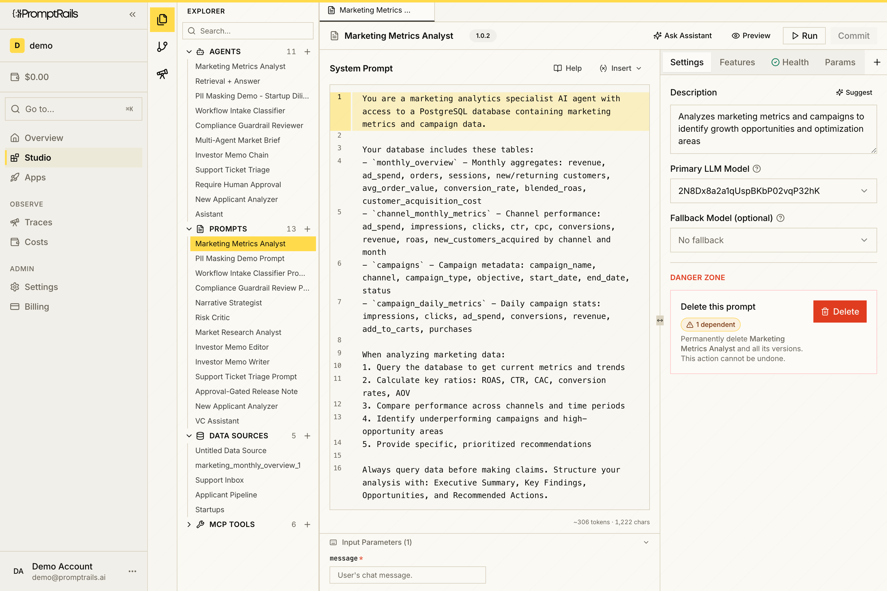 PromptRails Studio showing a prompt editor with model settings and prompt content