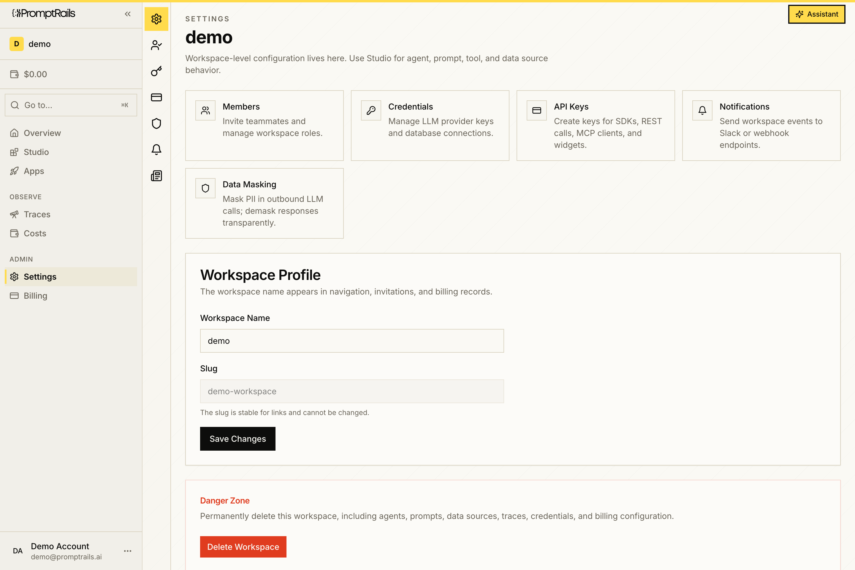 PromptRails workspace settings showing members, credentials, API keys, notifications, data masking, and workspace profile