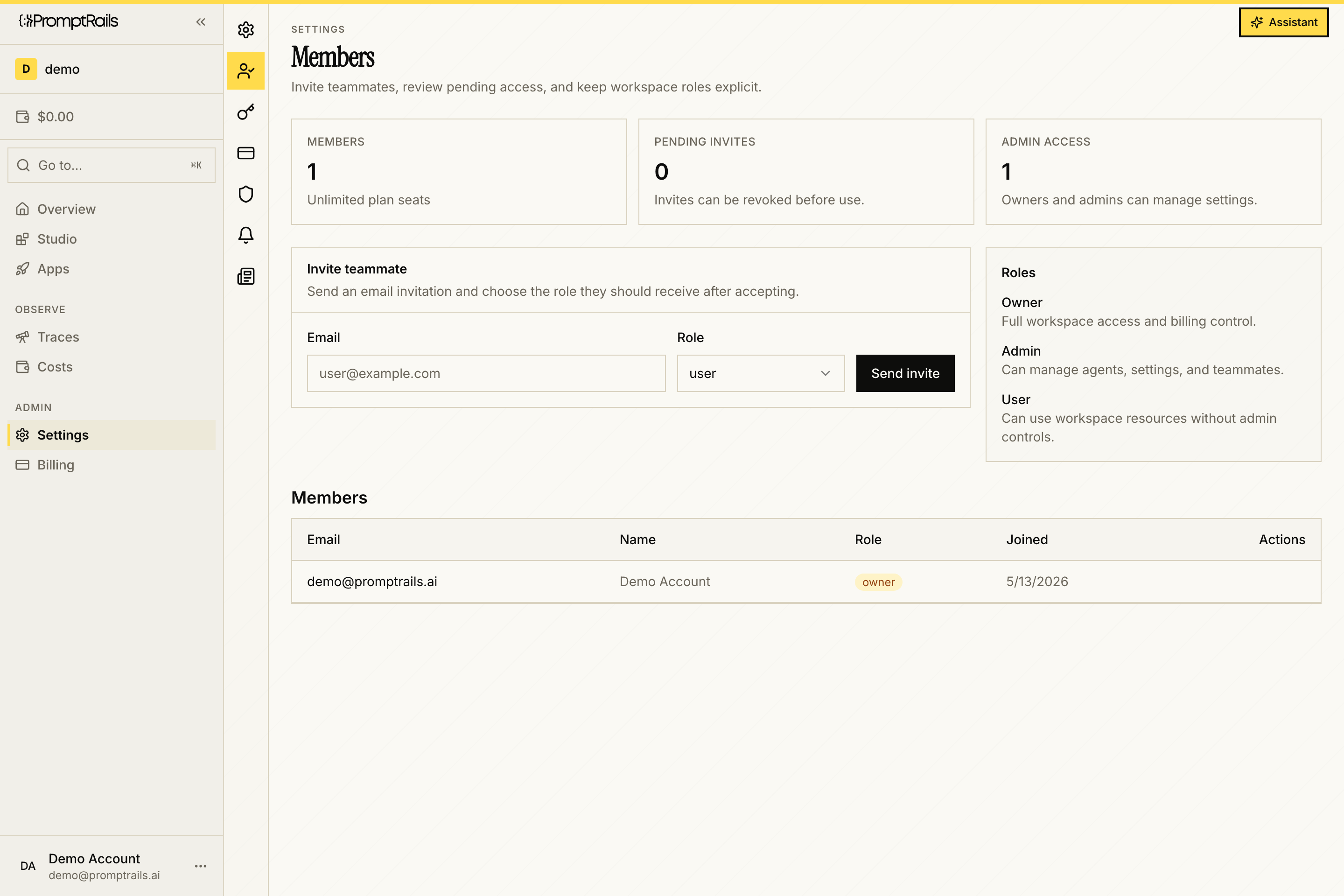 PromptRails Members settings showing invite form, workspace roles, and member table