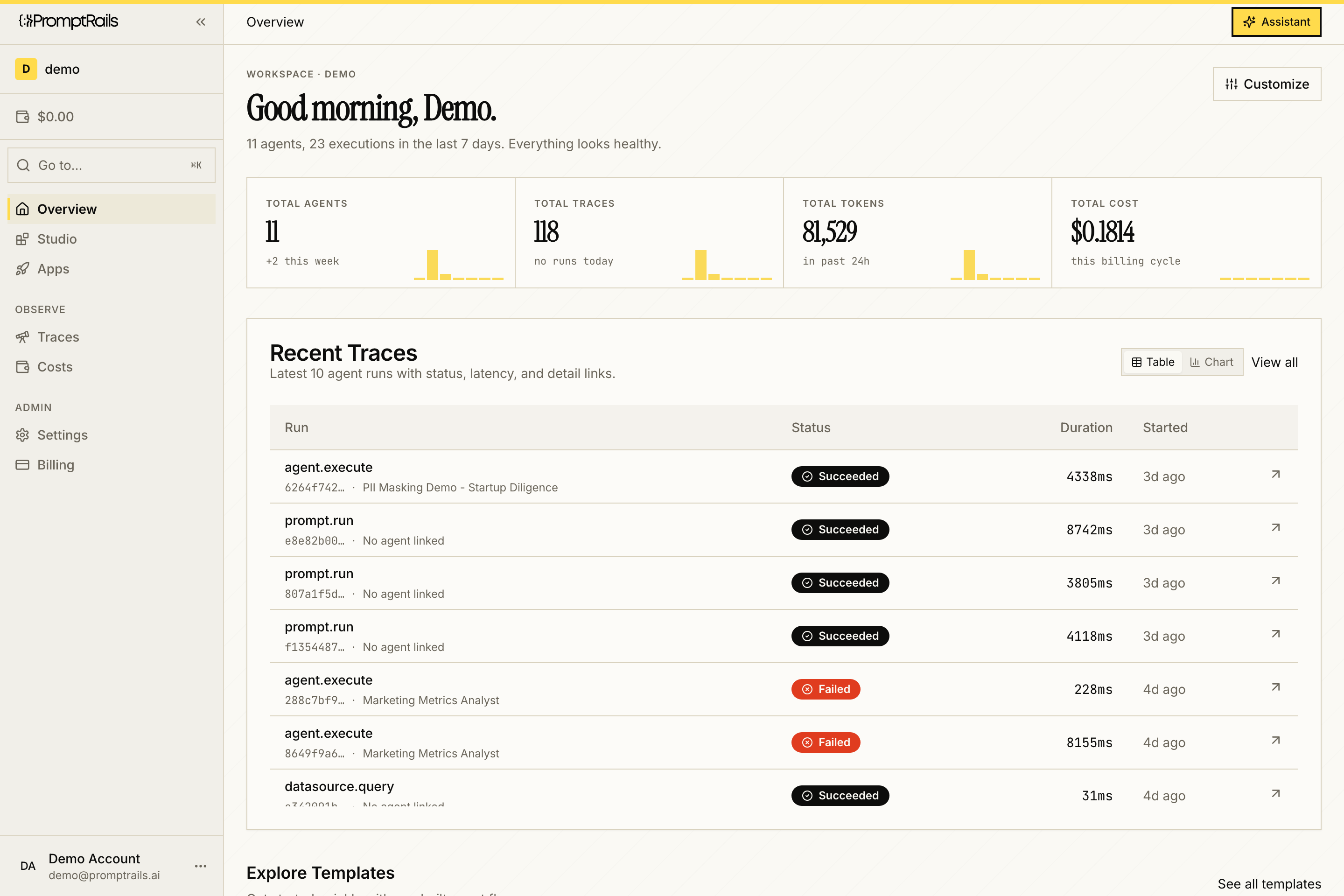 PromptRails workspace overview showing agents, traces, token usage, cost, and recent runs